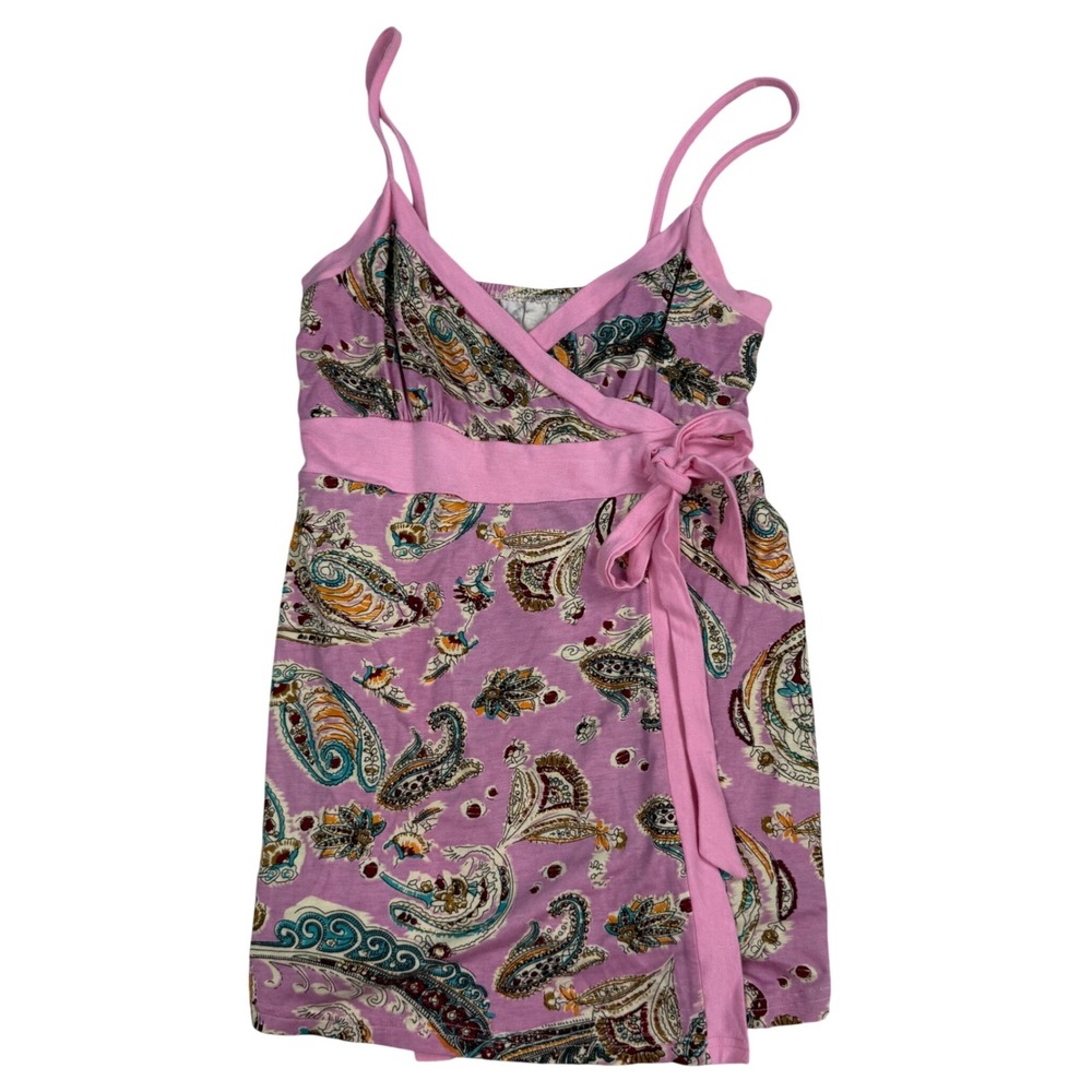 Pink Paisley Wrap Camisole Top Spaghetti Strap Boho Tank Tie Waist y2k coquette